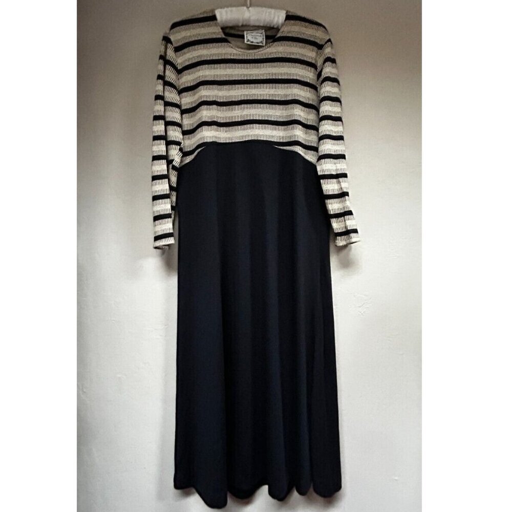 Vintage Dressing Clio Women Maxi Dress Medium Long Sleeve Striped Knit Tan Black